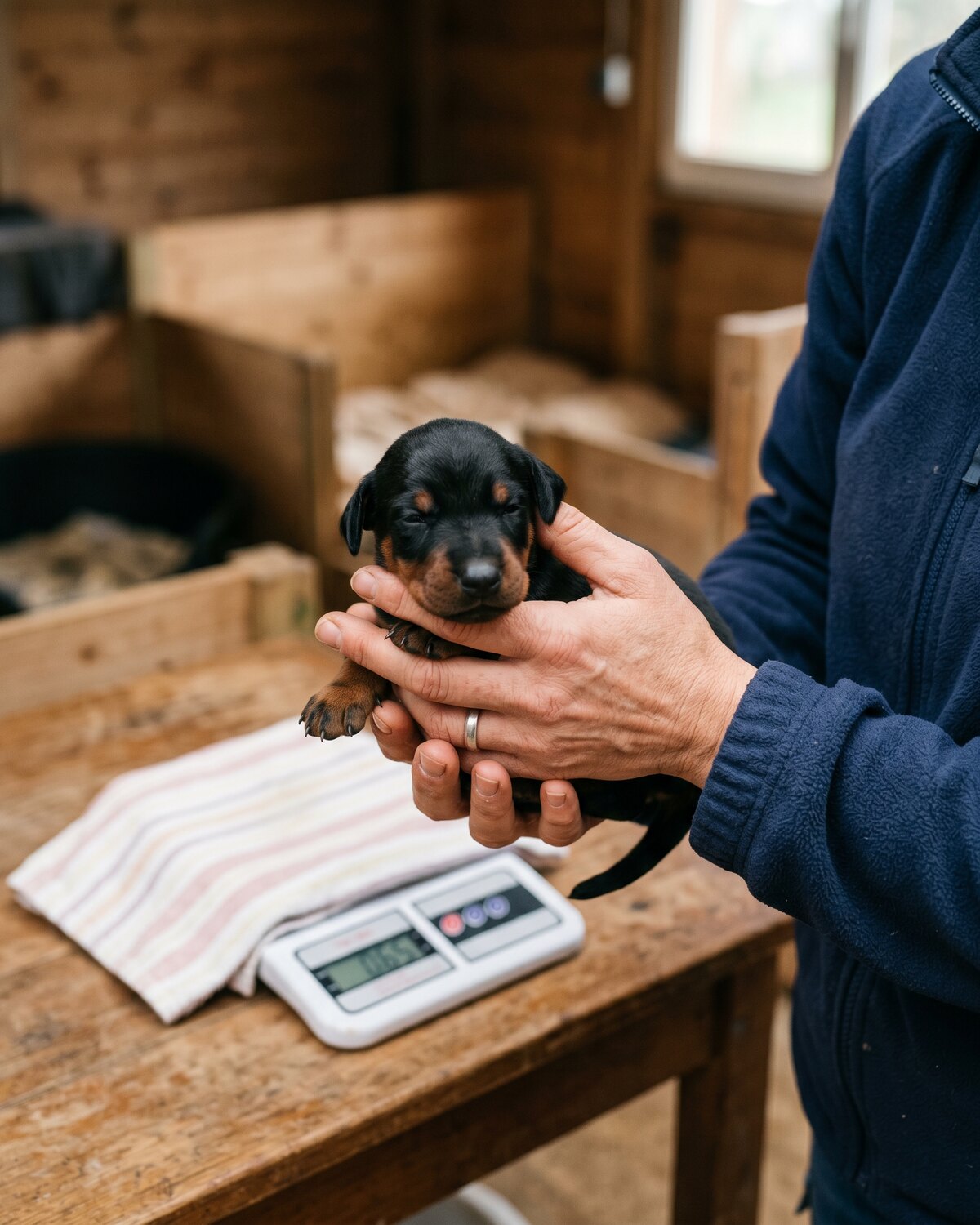 Manipulation quotidienne d'un chiot dobermann