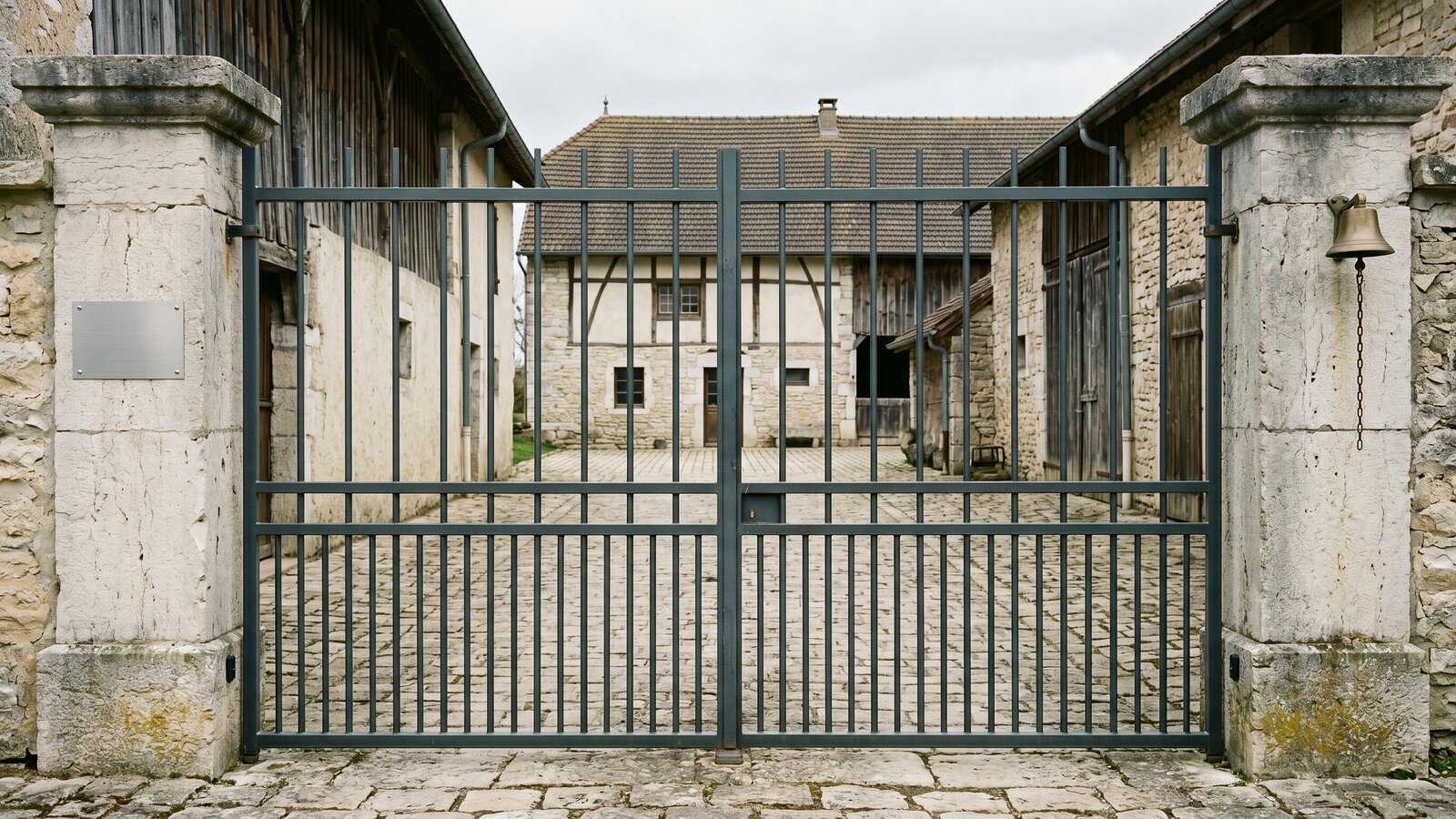Entrée de l'élevage, cour pavée et portail